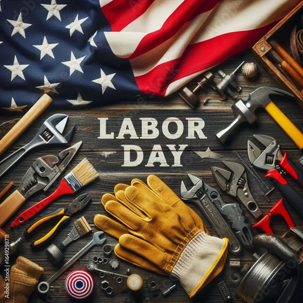 Fototapeta Labor Day concept with various tools, USA flag, and work gloves on a rustic wooden background