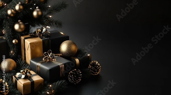 Obraz Elegant christmas gifts in black and gold with ornaments and pine cones under the christmas tree