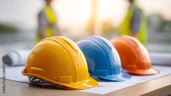 Obraz Colorful hard hats on blueprints at construction site with engineers in background