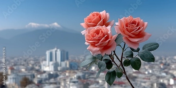 Fototapeta Three delicate pink roses in the foreground with a city and mountains in the background
