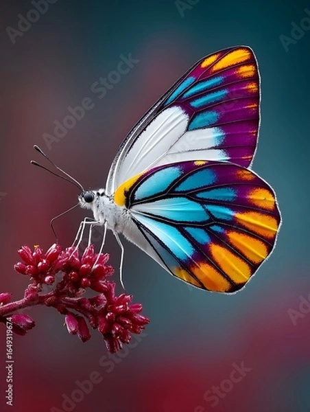 Fototapeta Beautiful Butterfly With Vibrant Wings Resting On A Small Red Flower
