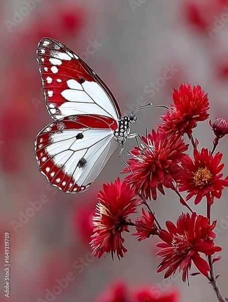 Fototapeta Beautiful Red White Butterfly Resting on Red Chrysanthemum Flowers in Sunlight