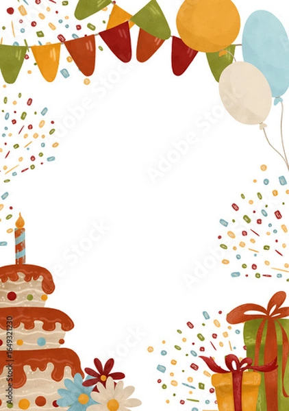 Fototapeta Festive watercolor template of a postcard in autumn colors: cake, candle, flowers, gifts, balloons, garland, confetti. For design in printing