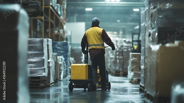 Obraz Worker operating electric pallet jack moving goods in large warehouse storage facility