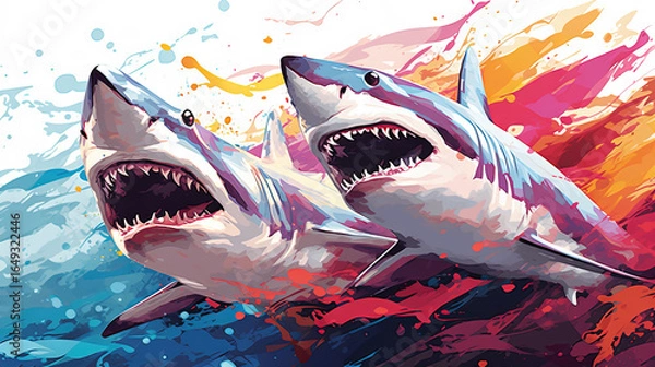 Fototapeta Sharks with wide open mouths swim through splashing water and dynamic colorful paint strokes in a dramatic action-packed ocean encounter