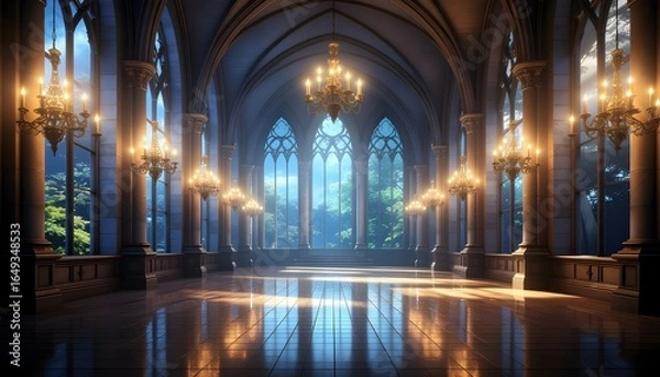 Fototapeta Elegant castle ballroom interior with arched windows and glowing chandeliers, a grand hall for a fantasy fairytale.