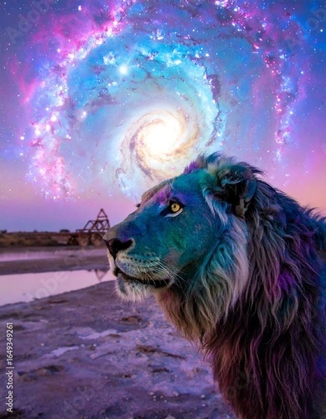 Obraz Lion gazing at a cosmic spiral