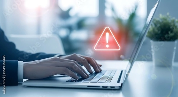 Fototapeta Close up of hands typing on laptop with red warning alert symbol and lens flare danger error