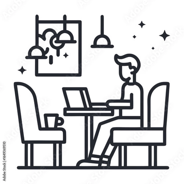 Obraz Man working on laptop in a cafe with coffee and modern decor