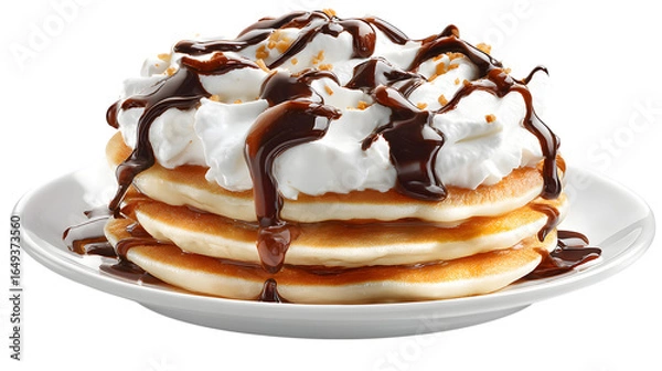 Fototapeta Indulgent stack of fluffy pancakes crowned with whipped cream and rich chocolate sauce isolated on white background 