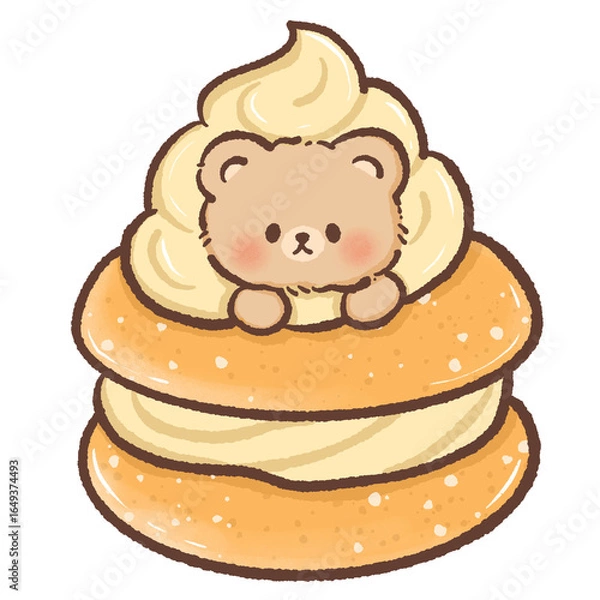 Fototapeta Adorable kawaii bear sitting inside a large golden cream puff with fluffy whipped cream filling in soft pastel tones perfect for bakery themes dessert art childrens illustrations and cute design