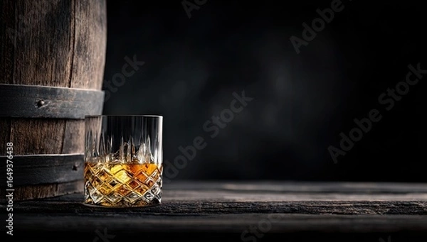 Fototapeta Aged whiskey in crystal glass beside wooden barrel