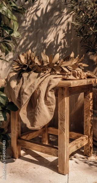 Fototapeta Rustic wooden stool with beige linen and dried leaves