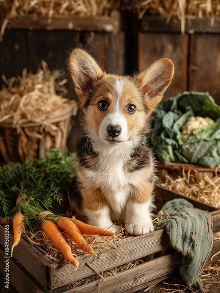 Fototapeta An Adorable Pembroke Welsh Corgi Puppy Sitting Sweetly in a Rustic Wooden Crate Amidst Freshly Harvested Vegetables.  Ideal for blogs, social media, and articles related to pets, dogs.