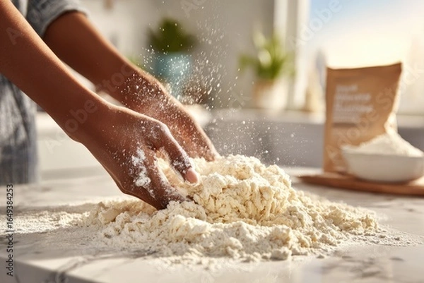 Fototapeta Hands kneading dough, flour flying