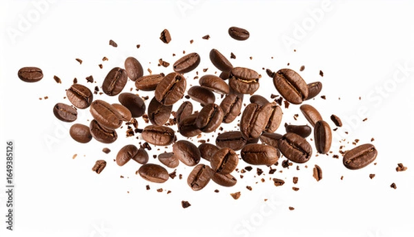 Obraz Scattered roasted coffee beans across a white background