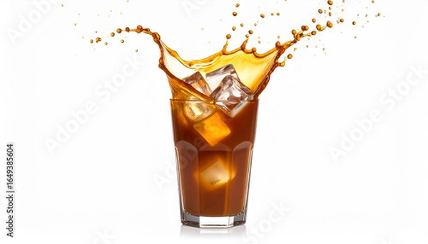 Fototapeta Splash cold coffee with milk and ice in glass on white background