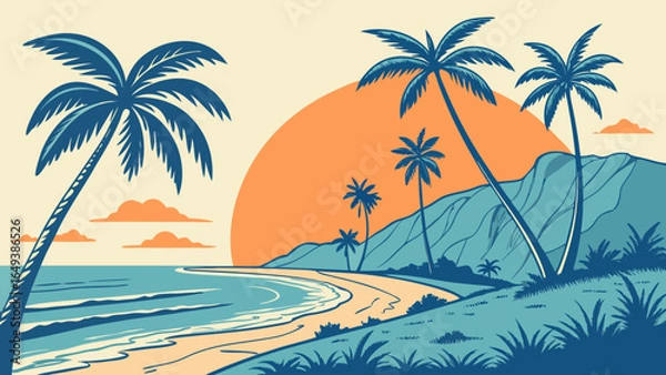 Fototapeta Evening on the beach with palm trees. An evening on the beach with palm trees. Colorful picture for rest. Blue palm trees at sunset. Victor palm tree on the beach