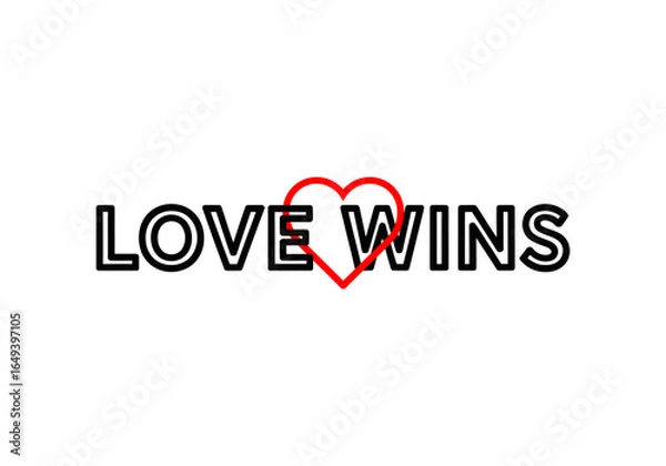 Fototapeta Love wins text with a red heart isolated on white background