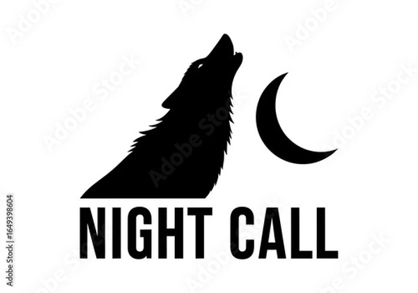 Fototapeta Wolf howling at the moon with night call text, isolated on white background