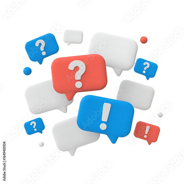 Fototapeta Collection of colorful speech bubbles with question and exclamation marks isolated on transparent background