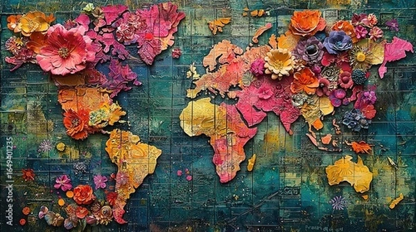 Obraz Global Map Collage with Diverse Cultures, Colorful Urban Patterns on Paper Texture, Abstract Cultural Art
