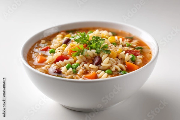 Fototapeta Bowl of Italian minestrone soup with rotini, beans, and vegetables 
