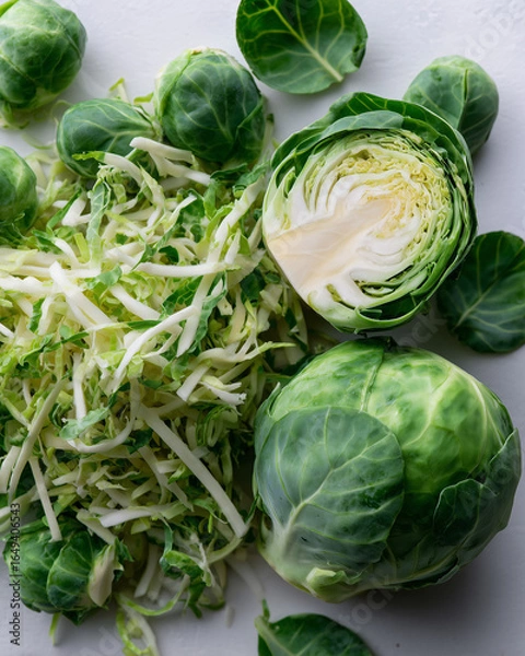 Obraz Shredded brussels sprouts with whole heads on a clean white background
