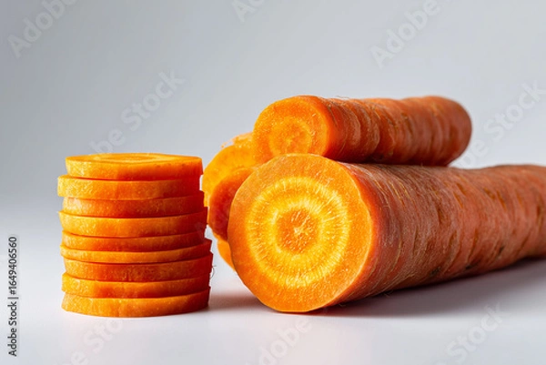 Fototapeta Stacked carrot rounds and cross-sections on a clean white background

