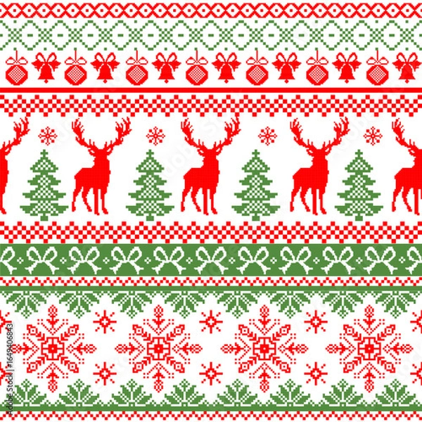 Obraz Christmas Ethnic pixel Art embroidery Crosstich style vector illustration pattern design.