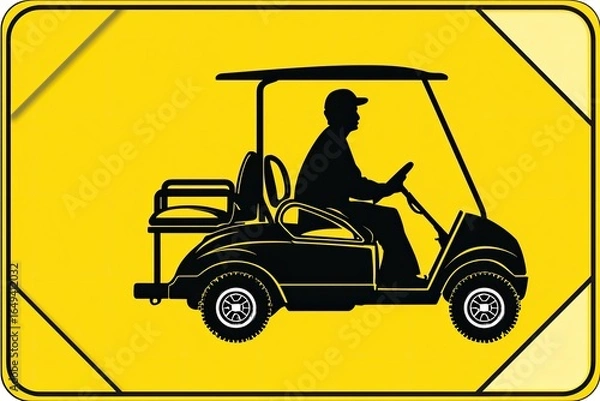 Fototapeta Silhouette of a golf cart on a yellow sign