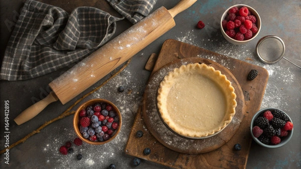 Fototapeta Overhead shot of a rustic baking scene with flour and a rolling pin