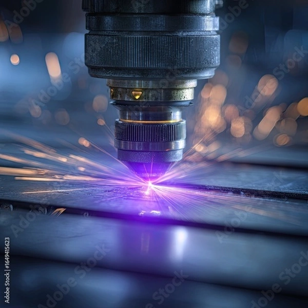 Fototapeta Industrial laser cutting machine in action.  Sparks and heat from a powerful laser cutting metal