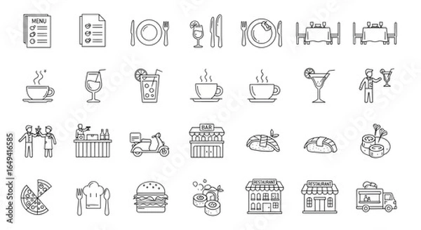 Fototapeta Restaurant and food service icon set. Thin line editable stroke icons for menus, meals, dining, drinks, cafes, bars, delivery, culinary branding, types of food and restaurants

