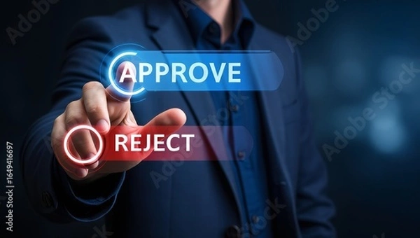Fototapeta Approve or reject concept decision making business man pressing virtual button choice