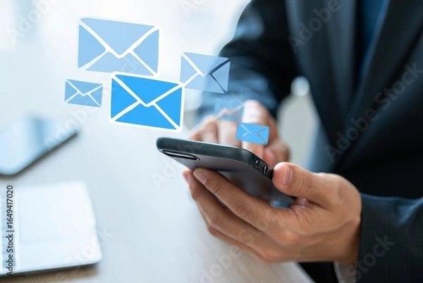 Fototapeta Email marketing strategy on mobile phone for business communication and newsletter campaign