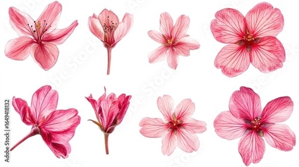 Fototapeta Nine delicate, pastel pink flowers, various angles, isolated on white