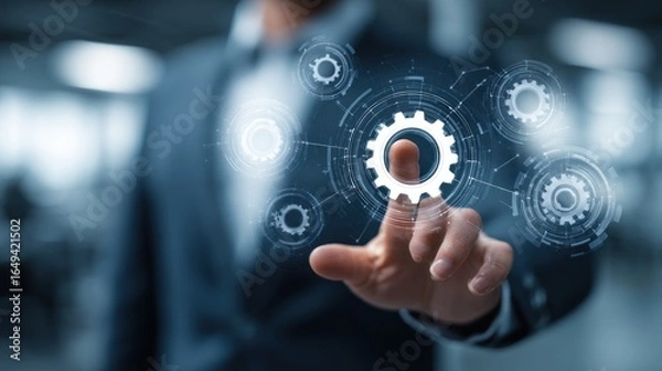 Fototapeta Businessperson interacting with digital gears