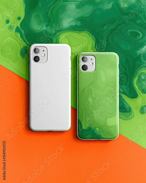 Fototapeta Two phone cases, white and lime green, on a vibrant orange and green background