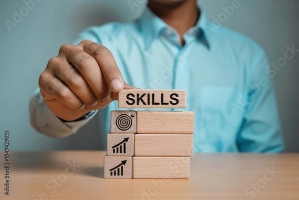 Fototapeta Hand Placing a Wooden Block, business skills and development, career growth.