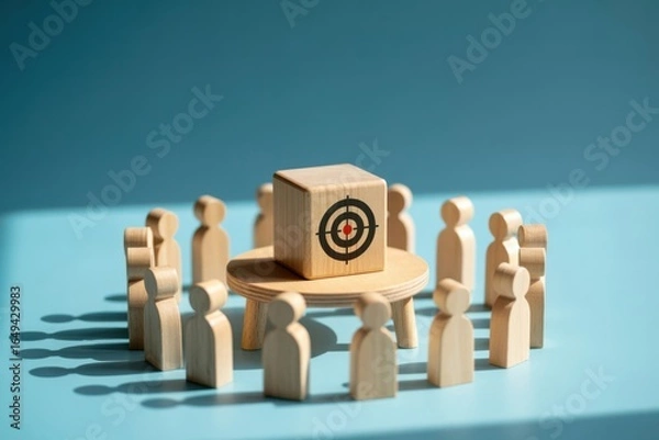 Fototapeta Team with a Common Goal, wooden figures and target, business strategy.