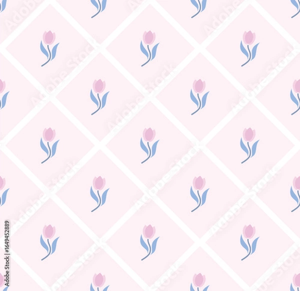 Obraz Cute flower pattern. Cute tulips flower seamless pattern vector. Pink floral wallpaper. Texture for print fabric, pottery, textile, cards, scrapbooking, batik, tile, paper. Cute pattern. Tulip pattern
