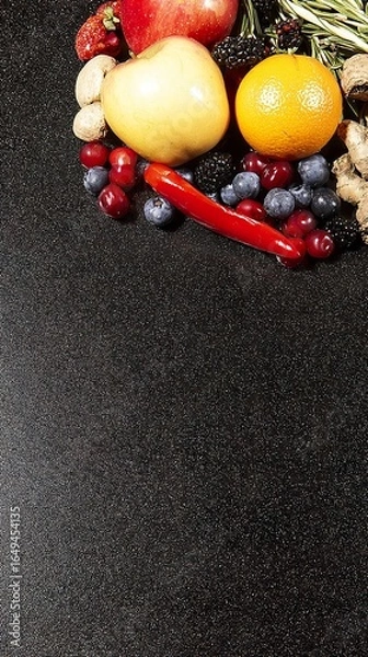 Fototapeta Assortment of fresh fruits and vegetables on dark background