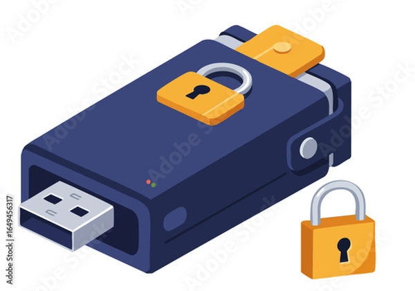 Fototapeta A stylized illustration of a wallet lock with a USB drive, secured with a padlock. Modern, graphic design, secure data, digital protection. Suitable for tech, finance, and security themes.