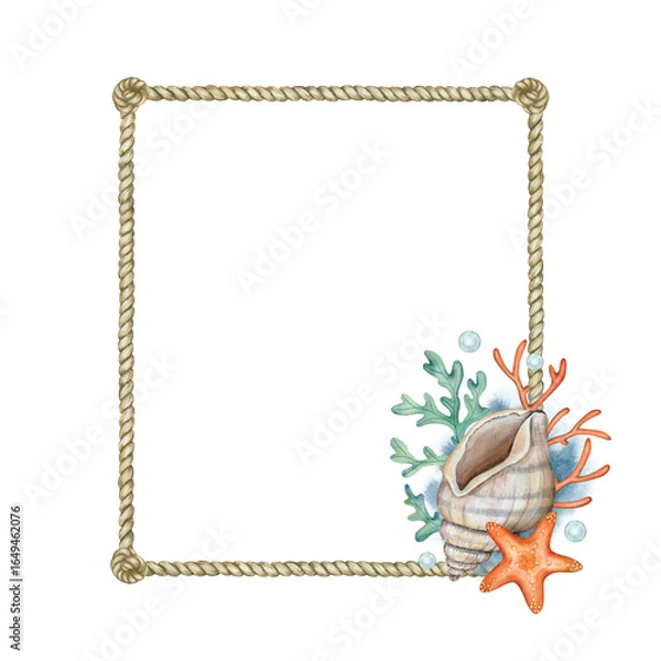 Fototapeta A rectangular marine frame made of sea rope with shells and corals . Watercolor illustration for postcards, posters, children's rooms.