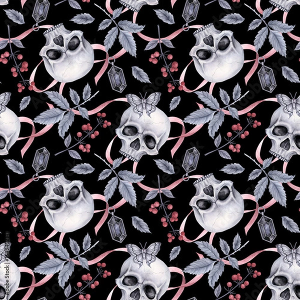 Fototapeta Seamless pattern with gray skulls, rose leaves, a branch of red poisonous berries, a moth and a pink ribbon with a black pendant. Illustration on a black background for fabric, wrapper, cover.