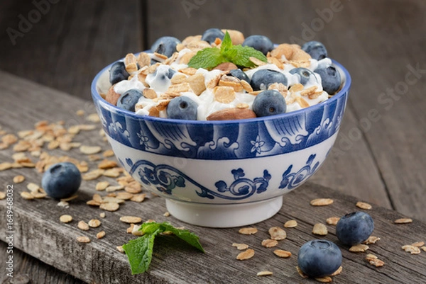 Obraz Granola with yogurt and fresh blueberries in glass bowl over old wood background.