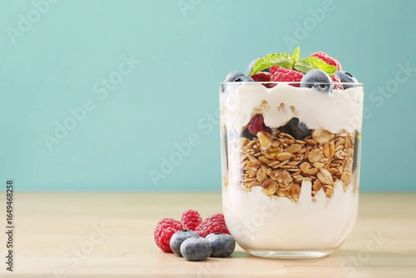 Obraz Granola with yogurt, fresh blueberries and raspberries in glass on wood background