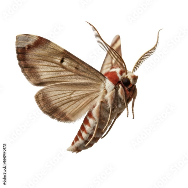 Fototapeta Close-up of emperor moth with striking antennae and patterned wings in flight