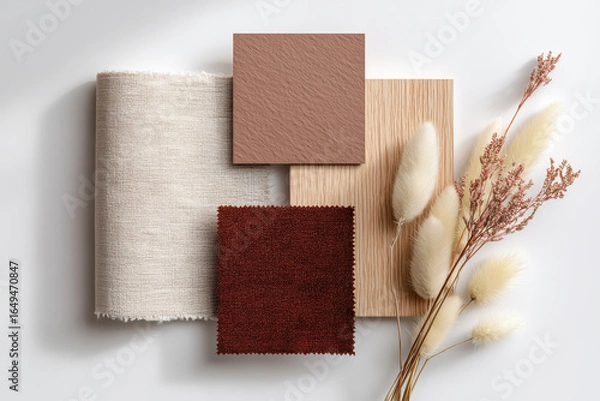 Obraz Interior design mood board with fabric swatches, wooden texture, and dried floral accents in warm earthy tones, creating a cozy and elegant natural aesthetic